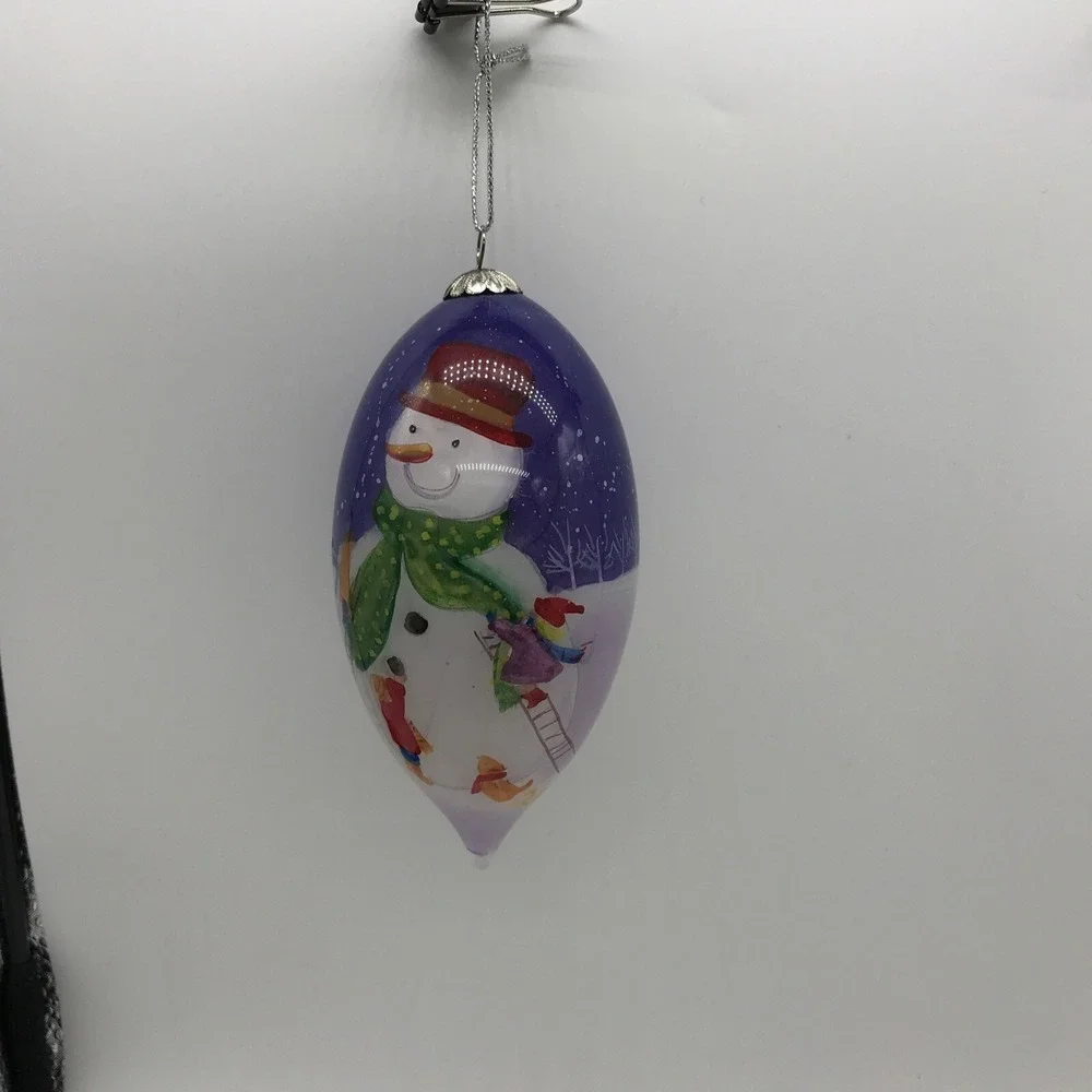 Pier 1 Li Bien 2011 Snowman Glass Ornament Hand Painted Teardrop Christmas Boxed